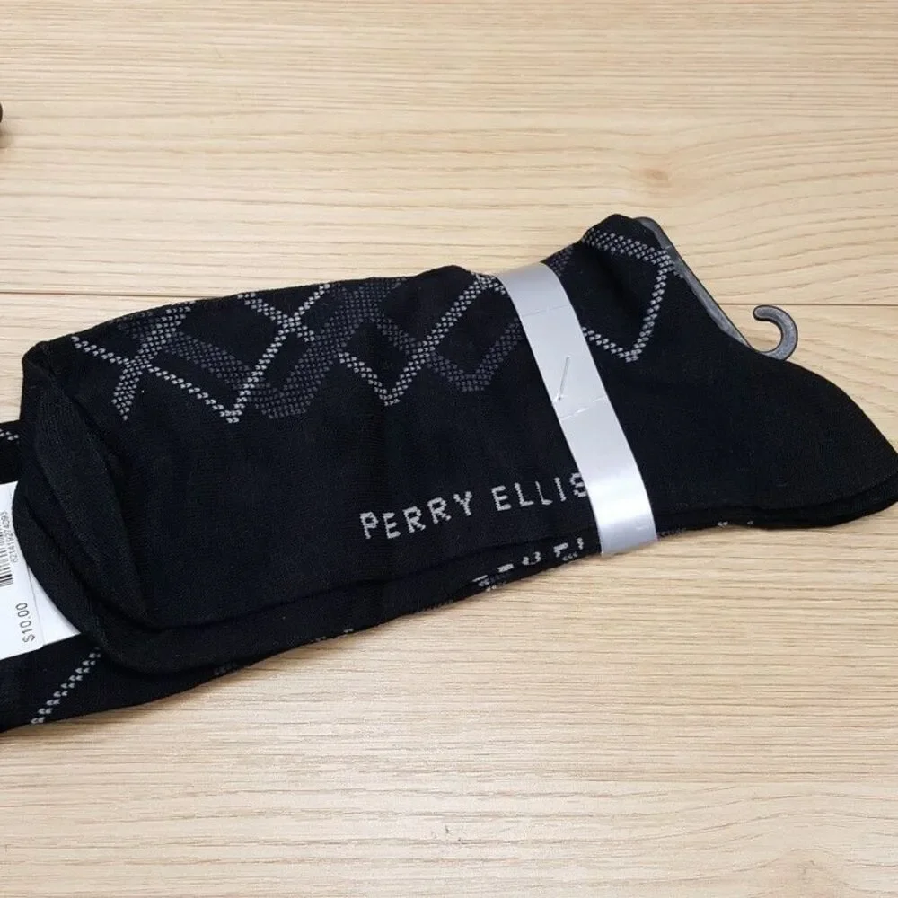 PERRY ELLIS Dress Socks Mens Black 3-Pair Plaid Luxury Soft Smooth Comfort